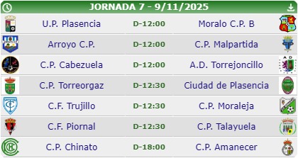 ⚽️ #1ªextremeña  gr.1
jor. 7 🗓️ 9 nov.
📌⏱️12 h
<a href="/UPPlasencia_/">U.P. Plasencia</a> 1° 🆚
<a href="/MORALO_CP/">MORALO CP</a> B 11° 
📌⏱️12 h
<a href="/CPCabezuelanew/">CP Cabezuela</a> 7° 🆚
<a href="/TorrejoncilloAD/">A.D. Torrejoncillo</a> 14° 
📌⏱️ 12:30 h
<a href="/CDTorreorgaz/">C.D. Torreorgaz</a> 13° 🆚
<a href="/ciudaddeplasenc/">Ciudad de Plasencia</a> 2°
📌⏱️12:30 h
<a href="/Trujillo_CF/">CF Trujillo</a> 6°🆚
<a href="/moralejacp/">CP MORALEJA CAHERSA</a> 3°
📌⏱️ 18 h
<a href="/CPChinato/">CP Chinato</a> 5° 🆚
<a href="/AmanecerCp/">Cp Amanecer</a> 8°