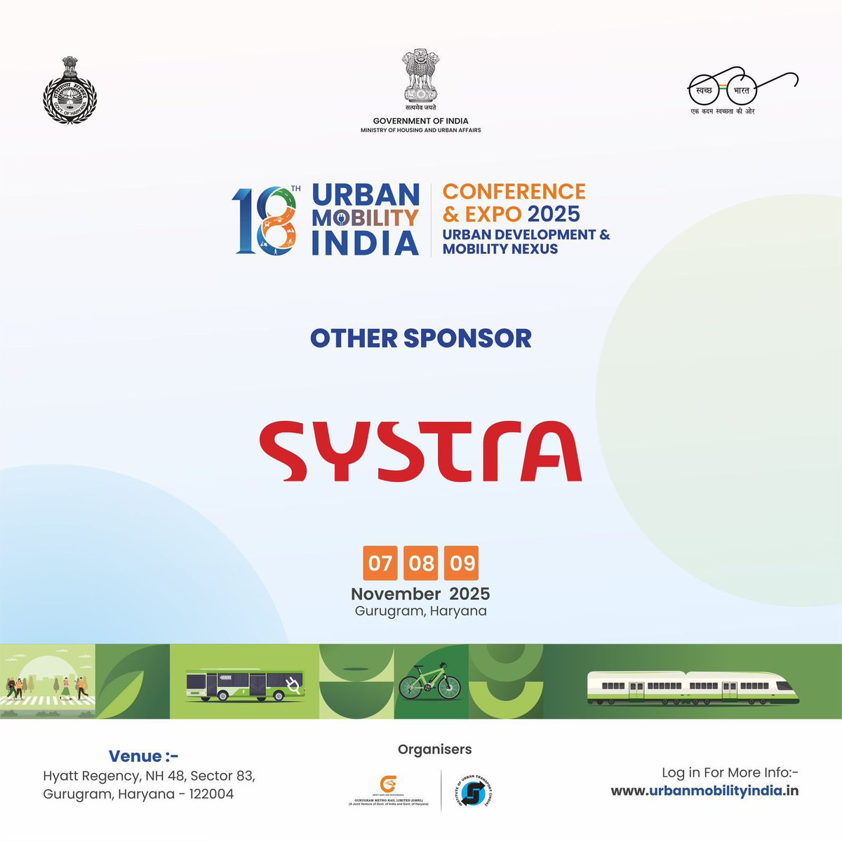 UMIConfExpo's tweet image. Empowering mobility with engineering excellence! 🚆
Proud to have SYSTRA as the other sponsor at the 18th Urban Mobility India Conference &amp;amp; Expo 2025.
📅 7–9 Nov 2025 | 📍 Gurugram, Haryana
#UMI2025 #UrbanMobilityIndia #SmartTransport #InnovationInMotion…
