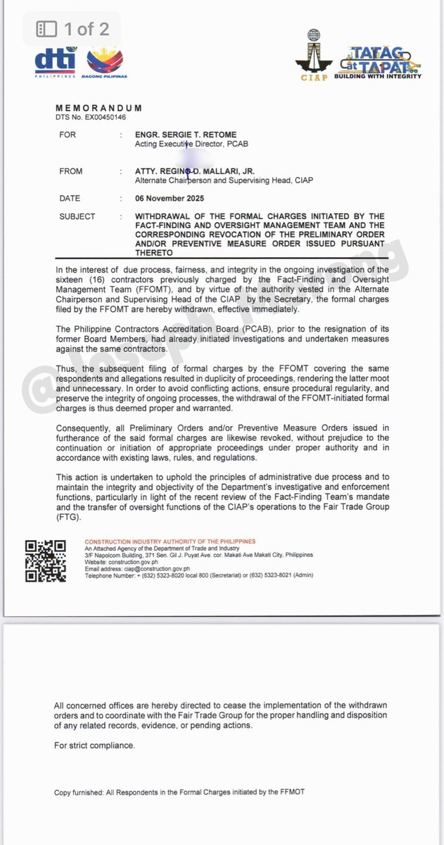 EXCLUSIVE: DTI withdraws formal charges, lifts sanctions vs. Top 16 contractors alleged to be involved in flood control projects to make way for Phil Contractors Accreditation Board (PCAB) <a href="/gmanews/">GMA News</a> @24orasgma