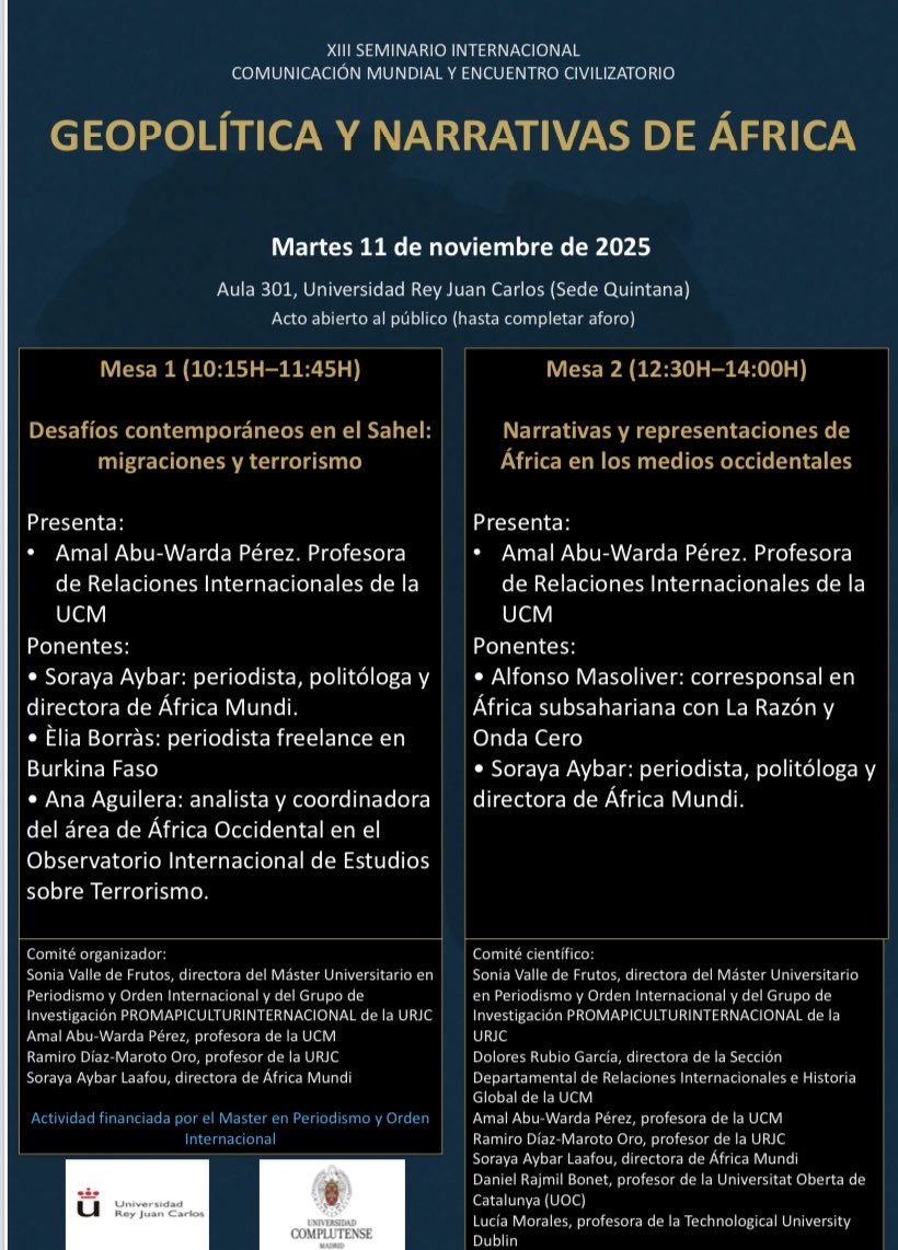 MPIntl_URJC's tweet photo. Continúa para la semana que viene la tanda de #Seminarios, esta vez centrado en abordar la #Geopolítica y #Narrativas de #África de la mano de la profesora Dra. Amal Abu-Warda Pérez quien conversará y establecerá diálogo sobre el tema con diversos ponentes expertos
🌍👇🏼 https://t.co/wmRczBHjZA