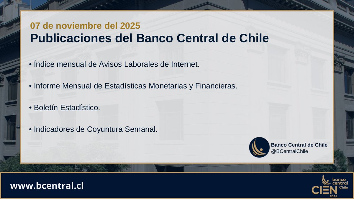 🔵El Banco Central de Chile ha publicado en su sitio web las siguientes publicaciones:

✅ Índice mensual de Avisos Laborales de Internet.
✅Informe Mensual de Estadísticas Monetarias y Financieras.
✅Boletín Estadístico.
✅Indicadores de Coyuntura Semanal.

💻Conoce más en