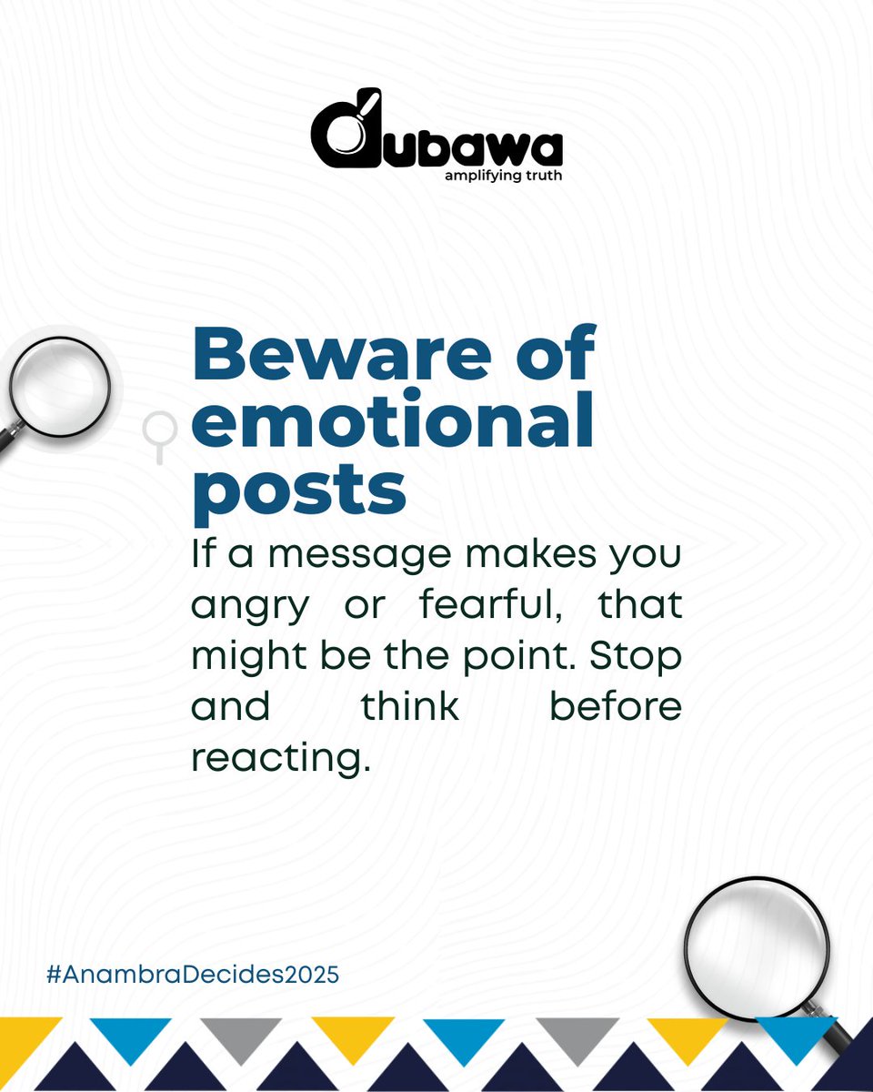 DubawaFacts's tweet image. False information often plays on your emotions. Don’t let your feelings replace the facts.

#MediaLiteracy #Dubawa #WeekForTruth2025 #ThinkBeforeYouShare