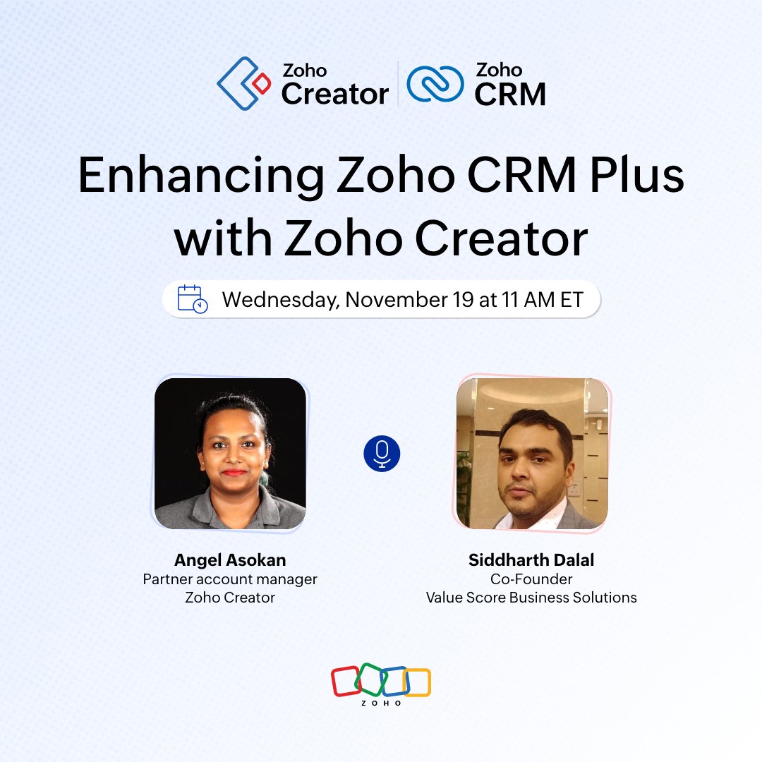 ZohoCreator's tweet image. Explore how @ZohoCRM Plus and Zoho Creator work together to deliver powerful solutions for your business needs.  
Join this webinar, hosted by Value Score Business Solutions, a trusted @Zoho Partner, to learn how users can leverage Zoho CRM Plus and Zoho Creator. Register now! 🔗…