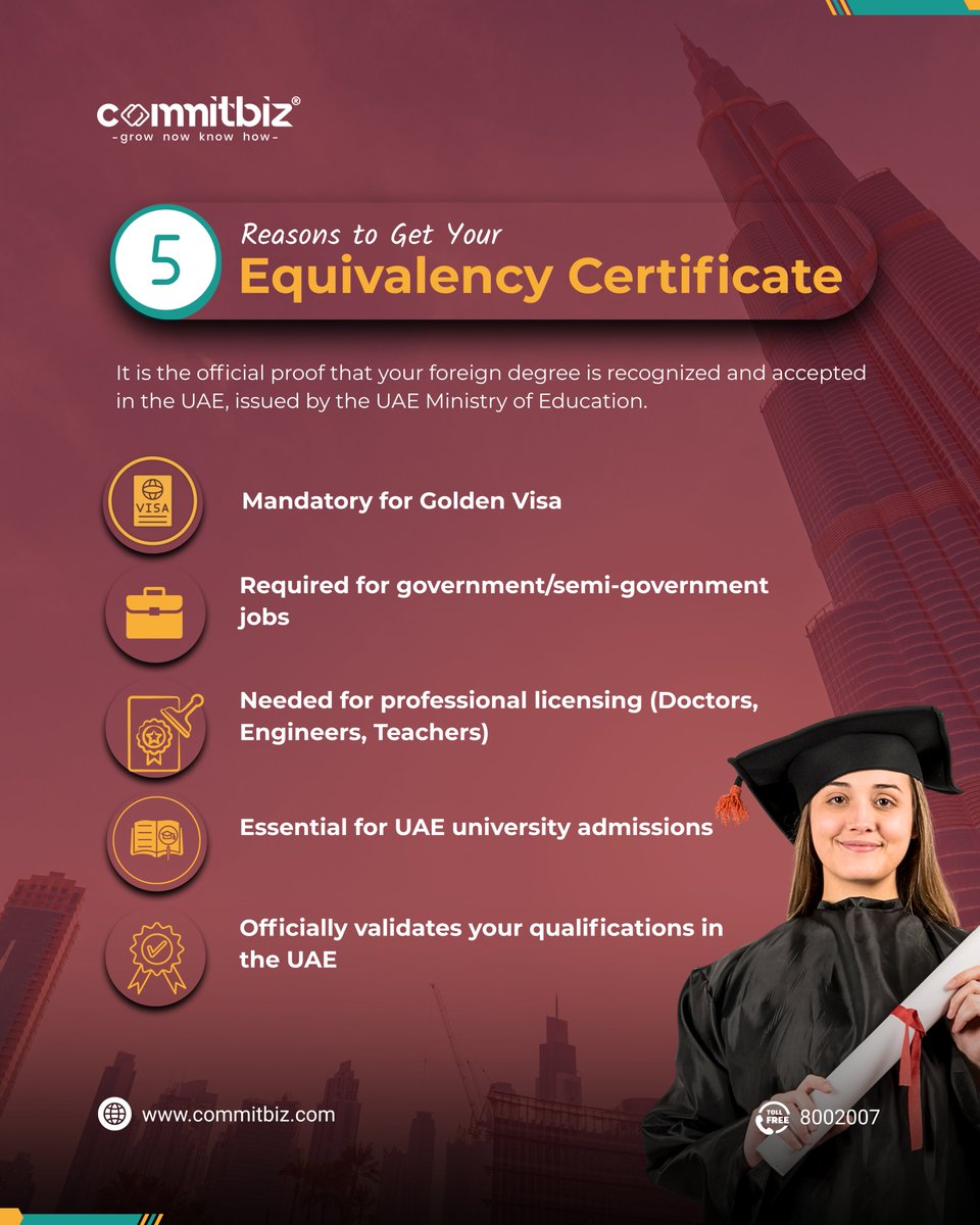 Commitbiz's tweet image. 𝗣𝗹𝗮𝗻𝗻𝗶𝗻𝗴 𝘁𝗼 𝘄𝗼𝗿𝗸, 𝘀𝘁𝘂𝗱𝘆, 𝗼𝗿 𝘀𝗲𝘁𝘁𝗹𝗲 𝗶𝗻 𝘁𝗵𝗲 𝗨𝗔𝗘?

Your Equivalency Certificate is the key to unlock:

- Golden Visa eligibility
- Govt / Semi-Govt jobs
- Professional licensing
- UAE university admissions

#Commitbiz #EquivalencyCertificate #UAE