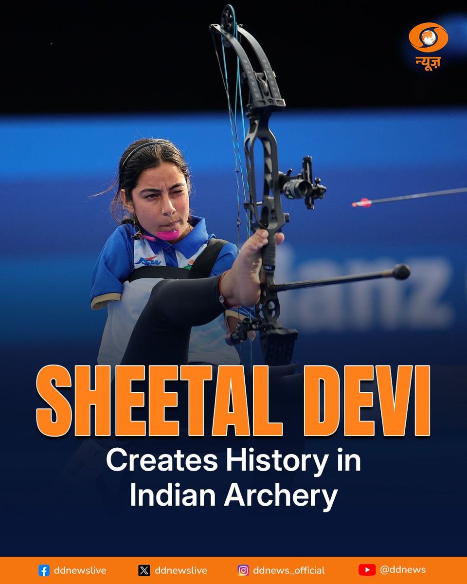 DDNewslive's tweet image. Trailblazer Sheetal Devi from J&amp;amp;K makes history as the first Indian para athlete to join the able-bodied national archery team.

The 18-year-old world champion will represent India at the Asia Cup Stage 3 in Jeddah (Dec 10–15), inspiring millions with her grit and talent.…