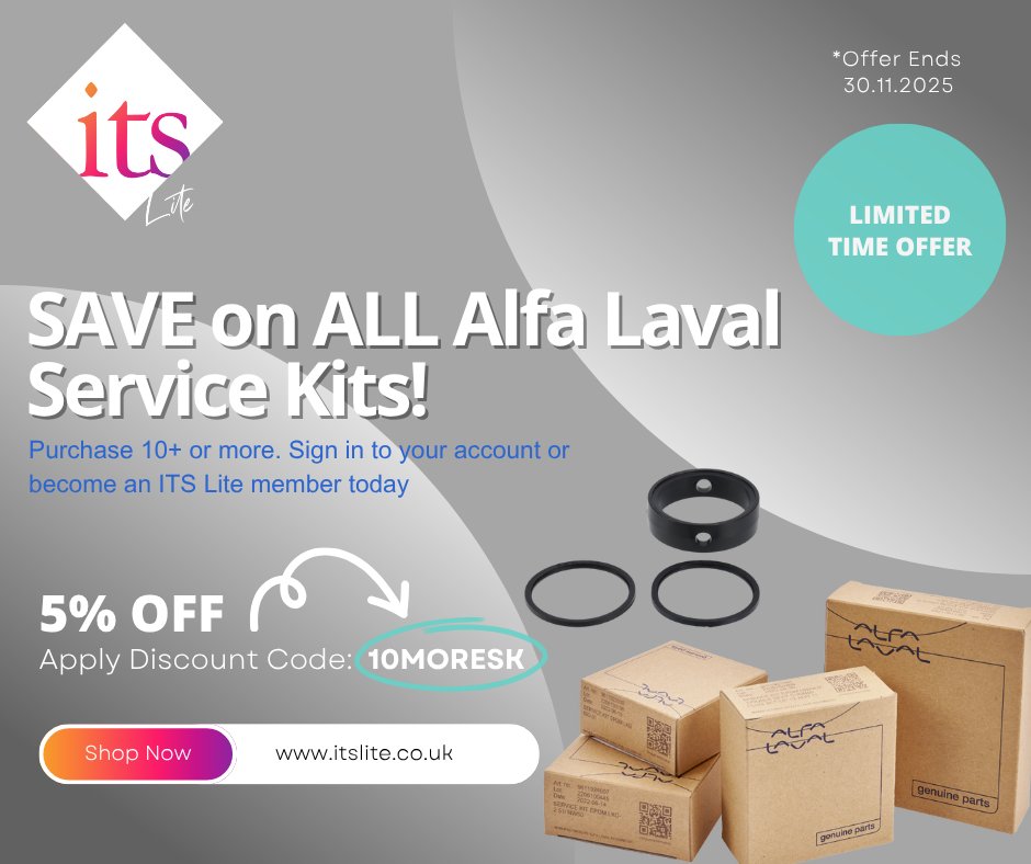ITS63989965's tweet image. Buy More, Save More on Alfa Laval ALL Service Kits – Only on ITS Lite!

Get 5% off when you add 10 or more to your basket. Enter coupon code: 10MORESK at checkout: itslite.co.uk/customer/accou…

*Offer available for registered ITS Lite users. Ends 30.11.2025

#ITSLite #Sale #ServiceKit