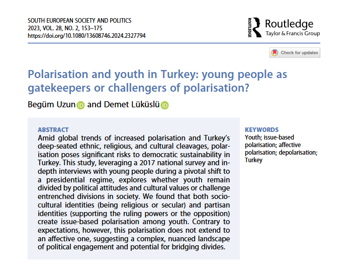 sesp_j's tweet image. 📚 In our Collection on #Polarisation in #Turkey 🇹🇷

Polarisation and youth in Turkey: young people as gatekeepers or challengers of polarisation?

🆓Read the #FreeAccess article by Begüm Uzun and @dlukuslu 👇
tandfonline.com/doi/full/10.10…