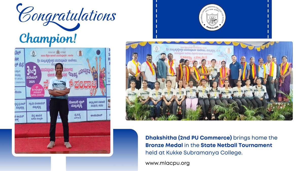 mLAC1972's tweet image. Proud moment for mLAC! 🏐
Congratulations to Dhakshitha (2nd PU Commerce) for winning the Bronze Medal at the State Netball Tournament held at Kukke Subramanya College. 🌟👏

#mLAC #mLACPU #ProudMoment #Champion #NetballTournament #BronzeMedalist #WomenInSports