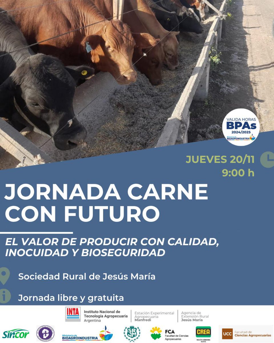 #AgendaINTA | "Carne Con Futuro" el valor de producir con calidad, inocuidad y bioseguridad 🐂🥩

👉🏽Jueves 20/11 - 9:00hs
📍 Salon Pampa; predio Malabrigo. SRJM