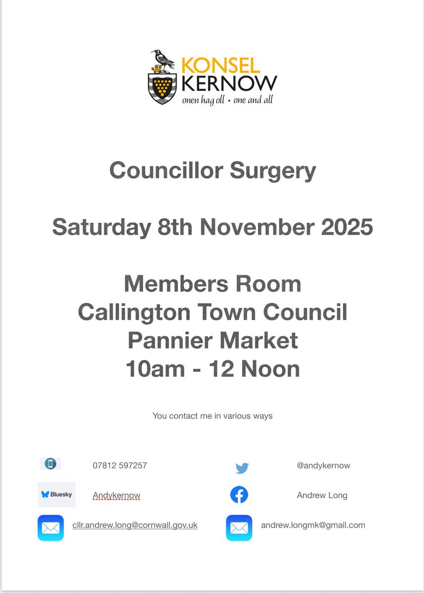 Tomorrow <a href="/MebyonKernow/">The Party for Cornwall</a> are holding another Councillor Surgery at the Callington Town Council Pannier Market from 10am to 12 Noon