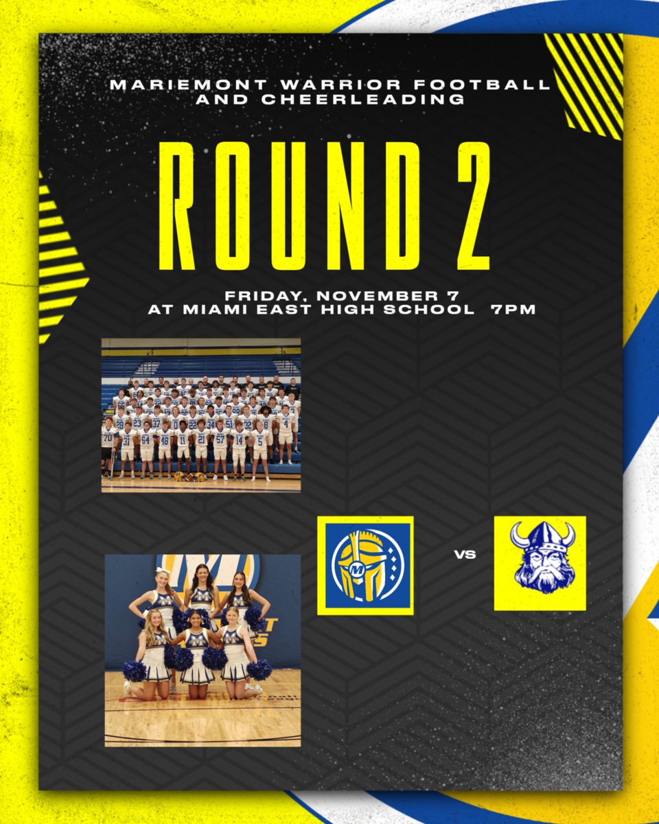 The Warriors travel to Miami East for round two of the football playoffs tonight at 7pm.  Tickets at ohsaa.org/tickets or cash at the gate.  Go Warriors!