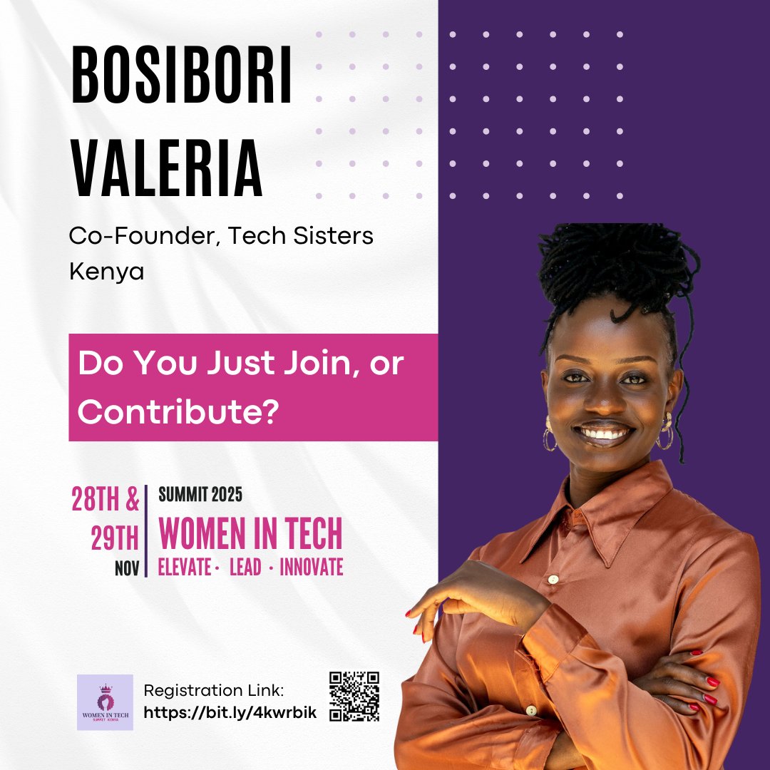 W_TechShoutOuts's tweet image. 🚀 Meet the speakers 🚀
The Women In Tech Summit Kenya speakers lineup is LIVE! 🔥.We are super excited to welcome @codingvaleria, a Product and Project Manager, Community Builder, and Co-Founder of @TechSistersKE   She will speak about &quot;Do You Just Join, or Contribute?&quot;🔥.…