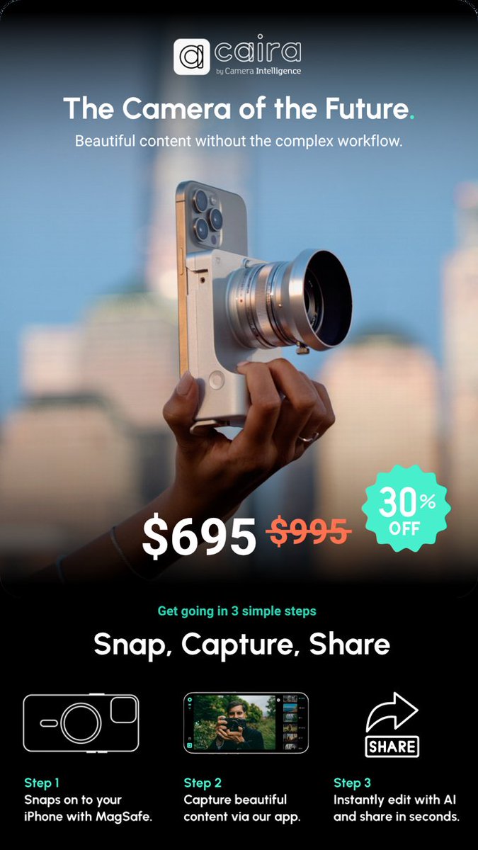 iamshinonymous's tweet image. And it's now a real thing - "PROMPTography".
Caira: the intelligent camera of the future. @camera_int @vishalkumar 
#PROMPTography #CairaCamera #AICamera #kickstarter 
kickstarter.com/projects/camer…