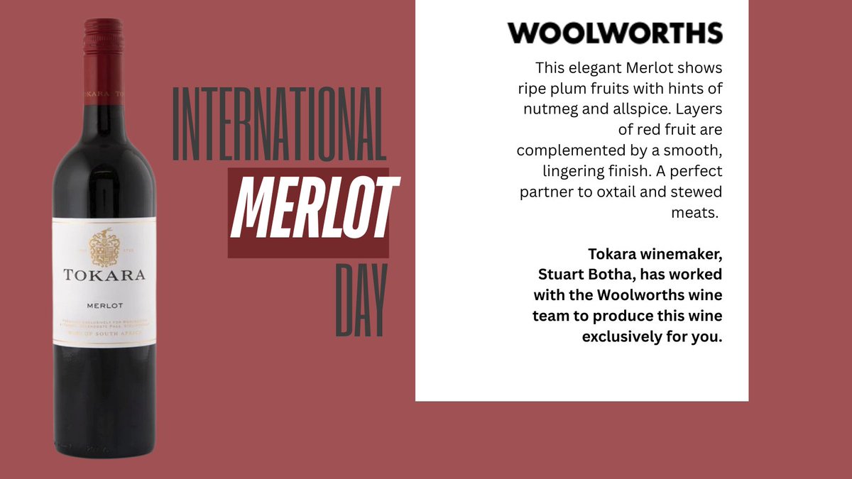 TokaraWine's tweet image. Happy #InternationalMerlotDay! 
Raise a glass to one of the world’s most loved reds and try our Tokara Merlot, crafted exclusively for @WOOLWORTHS_SA. Smooth, generous and effortlessly enjoyable…the perfect way to celebrate today. bit.ly/4nGCANO #Merlot #TokaraMerlot