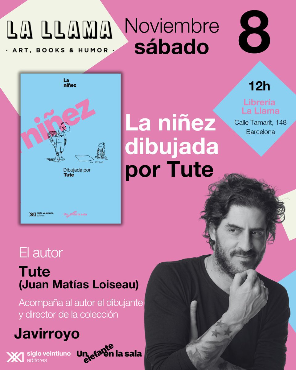 Presentaciones de "La niñez dibujada por Tute", un nuevo título de la colección "Un elefante en la sala" dirigida por Javirroyo.
🧒sábado 8/11 - 12h La llama store (Barcelona)
👧miércoles 12/11 - 19h Librería Olavide (Madrid)