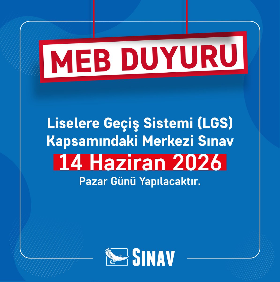 Liselere Geçiş Sistemi (LGS) kapsamındaki merkezî sınav, 14 Haziran 2026 Pazar günü yapılacaktır. 

#lgs2026 #lgs #duyuru #sınav