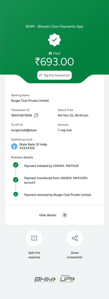 mathur_vanshi's tweet photo. @nch1915 I purchased Food items worth ₹693 from @Theburgerclubin on 04/11/2025 at 6:40pm. But instead of proper bill I was provided with just a handwritten slip, despite asking for proper bill several times. I need to submit that bill, for reimbursement. Grievance No. 8124966 https://t.co/g1gVSqNAbR