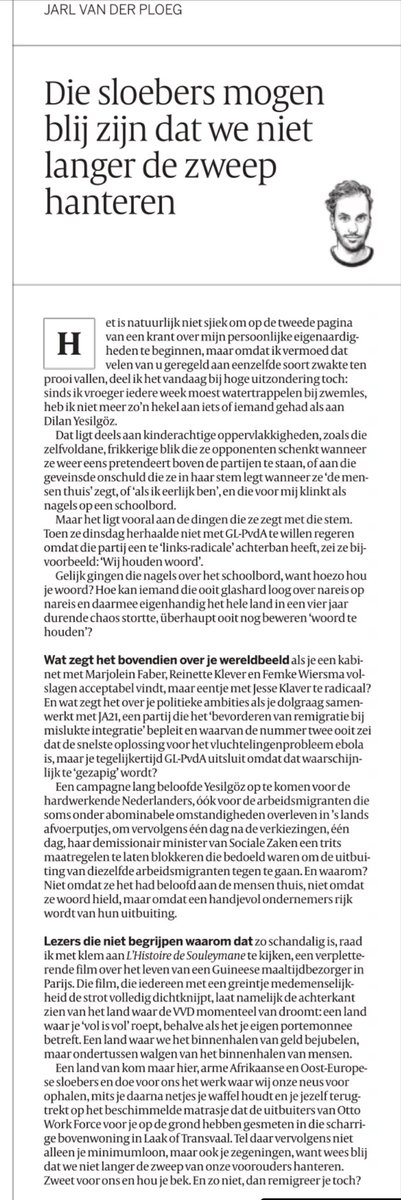 ‘Wat zegt het over je wereldbeeld als je een kabinet met Faber, Klever en Wiersma volslagen acceptabel vindt, maar eentje met Jesse Klaver te radicaal?’ 
#yesilgöz <a href="/VVD/">VVD</a>