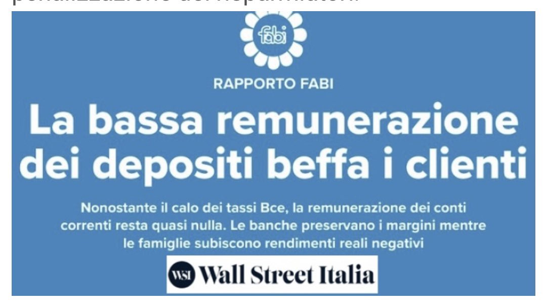 LA BASSA REMUNERAZIONE DEI DEPOSITI BEFFA I CLIENTI
Wall Street Italia pubblica il rapporto Fabi dove si evidenzia come le banche hanno preservato i propri margini, trasferendo solo in minima parte i benefici della politica monetaria ai clienti. 

fabi.it/2025/11/07/la-…