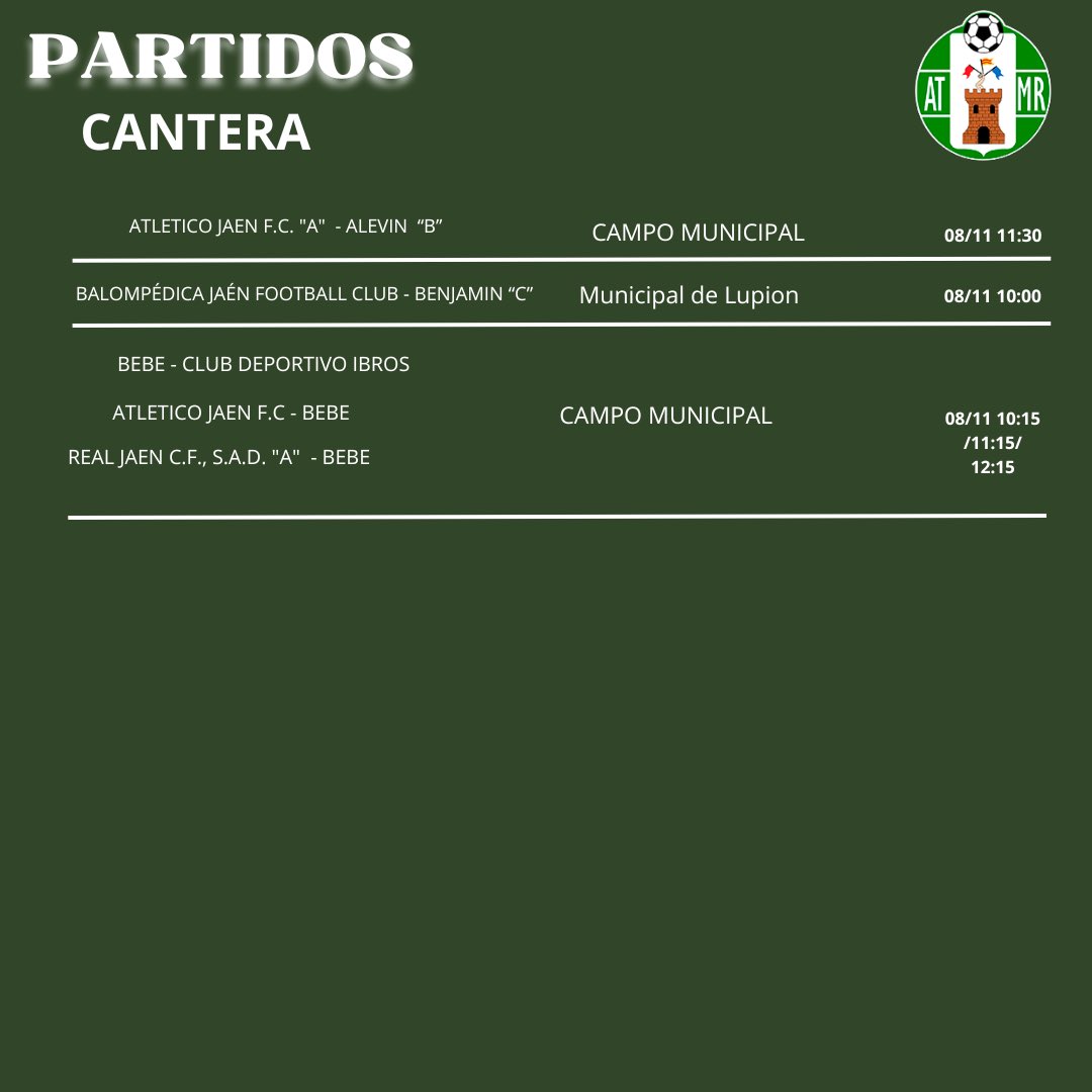 ℂ𝔸ℕ𝕋𝔼ℝ𝔸 𝕍𝔼ℝ𝔻𝔼

PARTIDOS DE NUESTRA CANTERA PARA ESTE FIN DE SEMANA 💚⚽️

#CanteraVerde 👫

#somosmanchareal💚💜