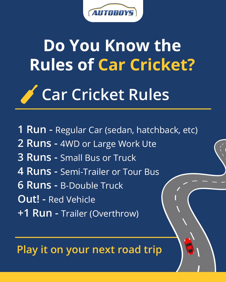Road trip this festive season? Pack snacks, your playlist, and play Car Cricket!🎄🚗 

Normal cars = 1 run 🚙 
big trucks = 2+ 🚛 
red cars = OUT 🚗

Who’s batting first? Fun, simple, and perfect for the road! 🏏

#Autoboys #CarCricket #CricketRules