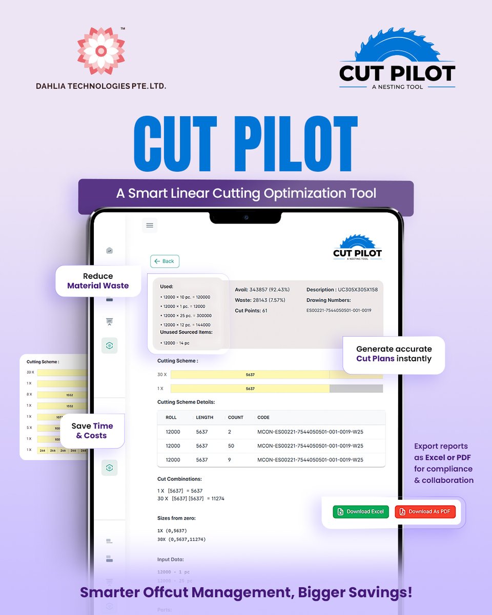 DahliaTech's tweet image. Optimize Every Linear Cut with #CutPilot
Generate precise cut plans, export detailed reports, and make smarter offcut management your new standard.
🔗 dahliatech.solutions

#SmartManufacturing #OptimizationTool #EngineeringInnovation #AutomationSolutions #DahliaTech