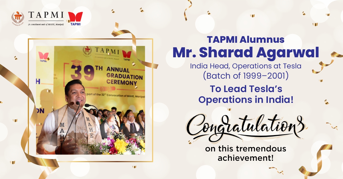 We proudly congratulate our esteemed alumnus, Mr. Sharad Agarwal (Batch of 1999–2001), on his appointment to lead the operations at Tesla for India. His remarkable journey from TAPMI to his exemplary success today brings to the fore his excellence and innovation!
#MyTAPMI #Tesla