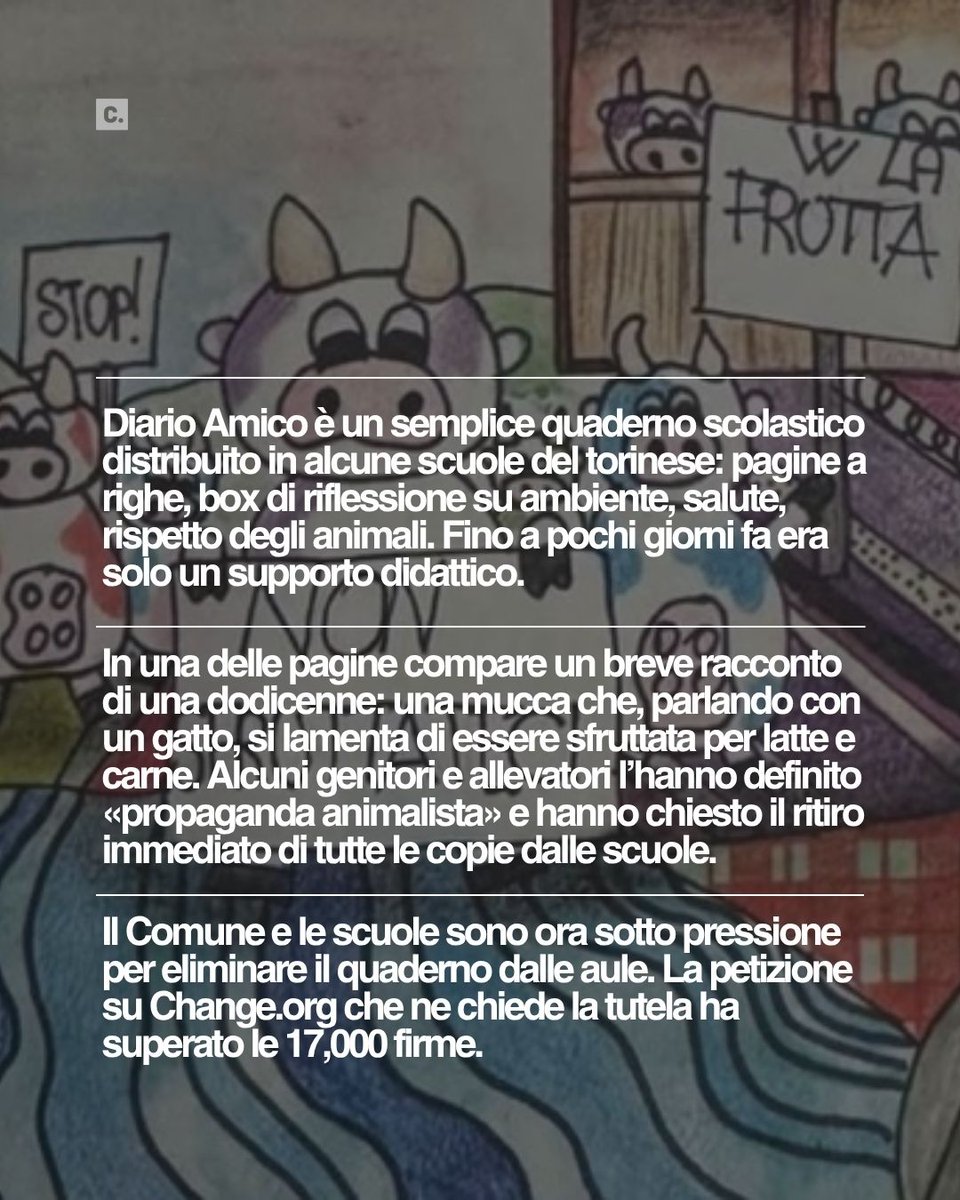 ChangeItalia's tweet image. 📒✨ Una mucca che parla a un gatto sui banchi di scuola fa gridare alla “propaganda”.
Il Diario Amico – un quaderno che invita a riflettere su ambiente, salute e rispetto degli animali – rischia il ritiro perché “troppo critico”.

#DiarioAmico #Petizione #ChangeItalia