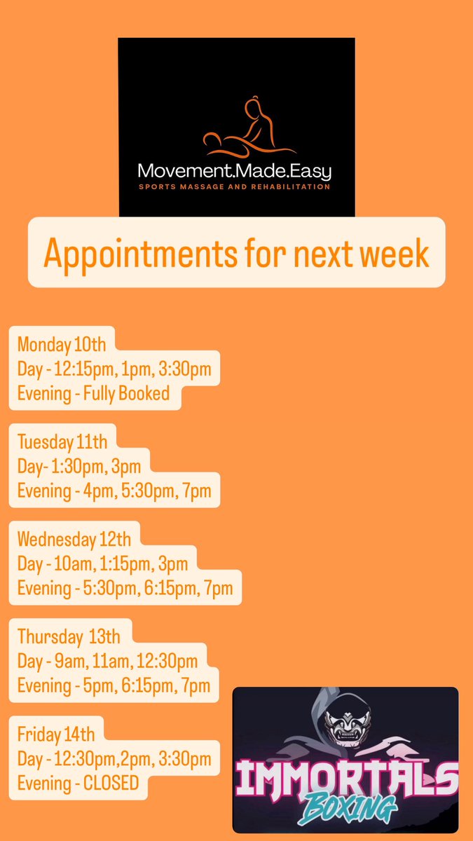 Get your appointment booked

- Sports Massage
- Injury Rehab
- Mobility 1 to 1 
- Hot and cold therapy 
- Compression boot