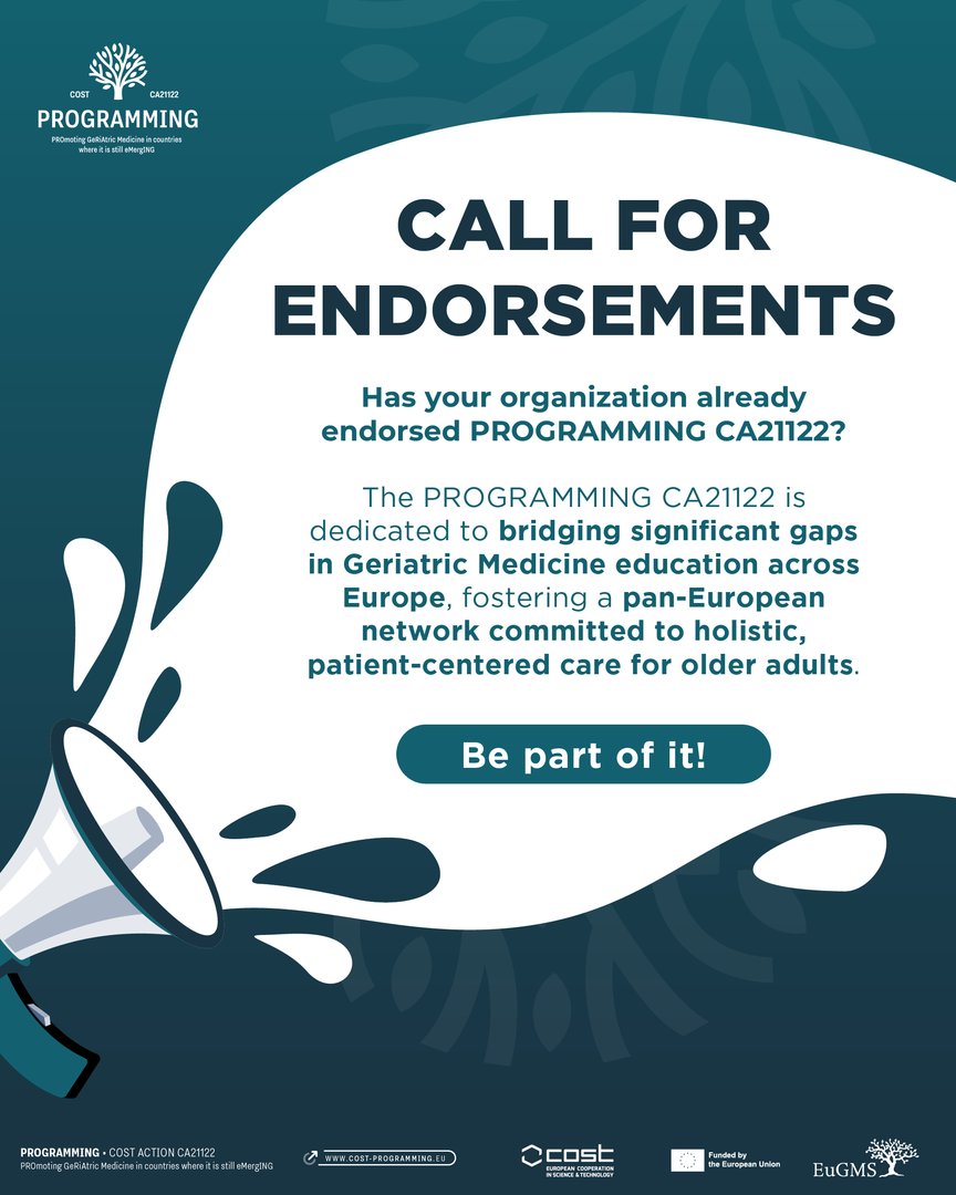 EuGMSSociety's tweet image. 📣 The #PROGRAMMING #COSTAction #21122 invites professional societies, academic institutions, and healthcare organizations to endorse our mission to strengthen education and training in geriatric medicine across Europe.

👉 bit.ly/47RKK1j  
#EuGMS @COSTprogramme