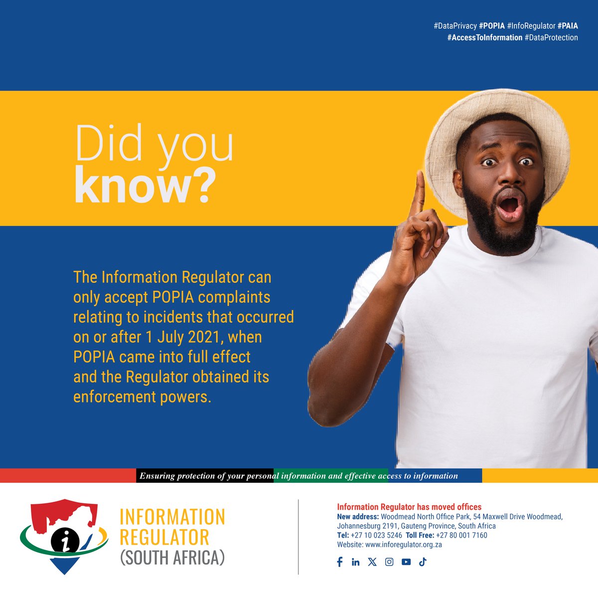 InforegulatorSA's tweet image. The Regulator handles POPIA complaints only for incidents that happened on or after 1 July 2021. #POPIA #InfoRegulator #DataPrivacy #PAIA