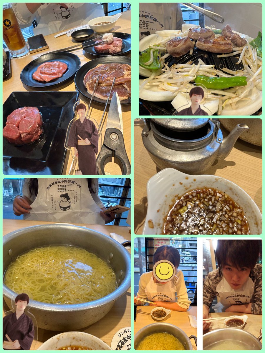 ジンギスカン🥩😋
シメのラーメン🍜にはジンギスカンで
使ったタレにネギとなんと「ほうじ茶」を
足した出汁で食べました👍😋

エプロンのイラストが可愛い(^^)
#撮り徹