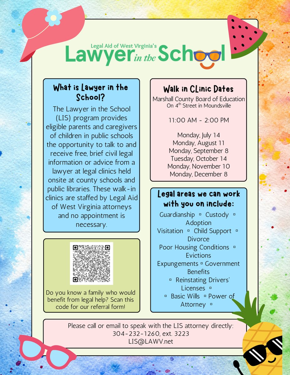 MCSWV's tweet image. This Monday, November 10, 2025, from 11 am – 2 pm, is the next Lawyer in the School clinic at the BOE office, sponsored by @LegalAidWV. Eligible parents or caregivers of our students can get free, legal information or advice from a lawyer.

Questions? 📞304-232-1260 ext. 3223.