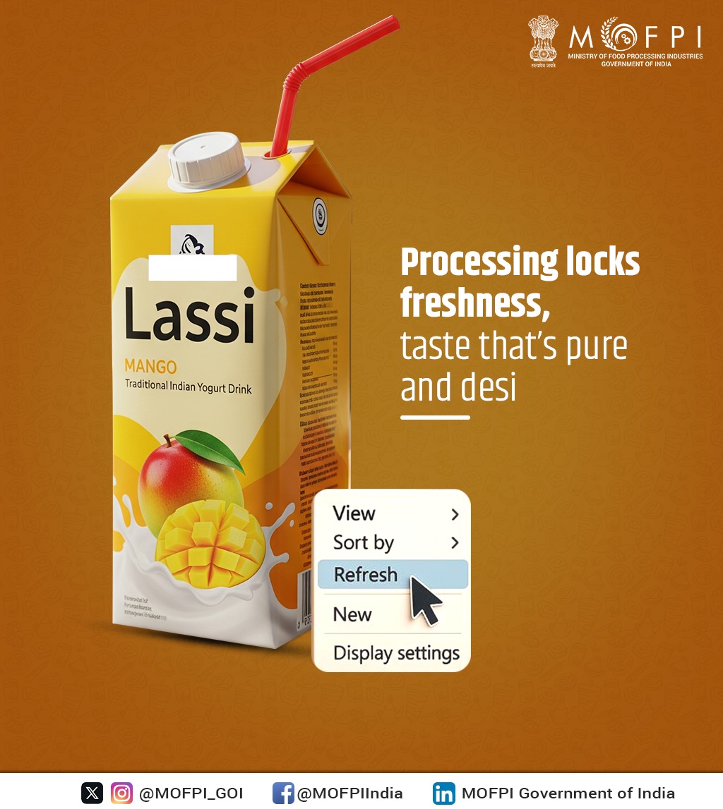 MOFPI_GOI's tweet image. Need a moment of Refresh!

Bringing you the creamy richness and pure desi taste of mango lassi — a perfect blend of tradition and innovation in every sip.

#MOFPI is strengthening India’s food ecosystem to support farmers, industry, and consumers alike.

#Refresh