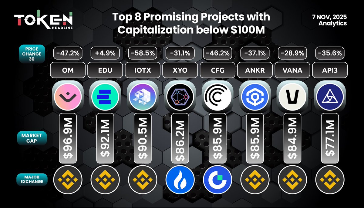 🚀 Top 8 Promising Projects with Market Cap Below $100M!

📅 7 Nov, 2025

💰 These hidden gems are showing potential despite the dip 👇

$OM – $96.9M (-47.2%)
$EDU – $92.1M (+4.9%)
$IOTX – $90.5M (-58.5%)
$XYO – $86.2M (-31.1%)
$CFG – $85.9M (-46.2%)
$ANKR – $85.9M (-37.1%)
$VANA