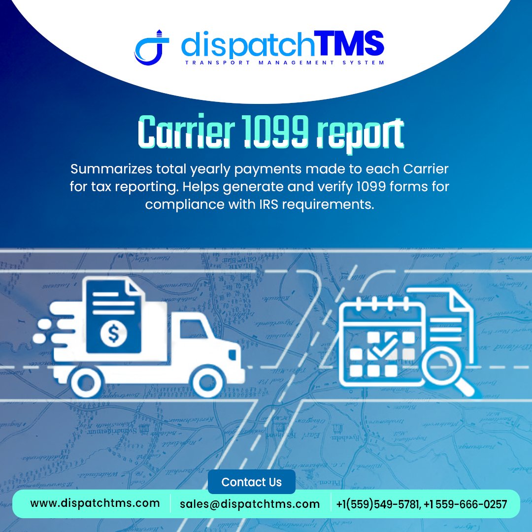 dispatchtms's tweet image. Carrier 1099 report
Summarizes total yearly payments made to each Carrier for tax reporting. Helps generate and verify 1099 forms for compliance with IRS requirements
#logistics #Truck  #Transportation  #Travel  #dispatchtms #REPORT  #carrier #USA