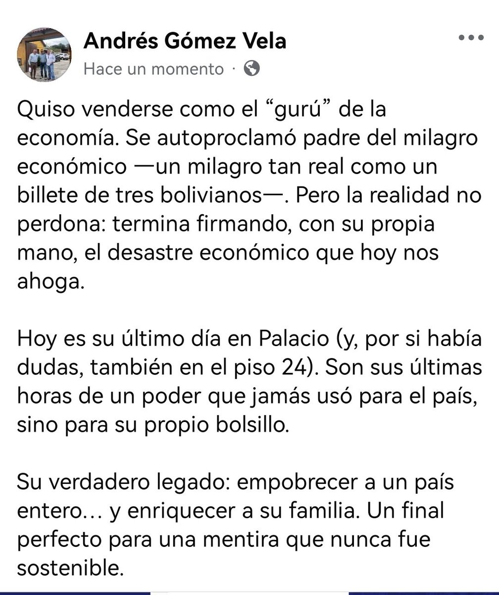 En sus últimas horas de poder, el "guru" de la economía que causó el desastre económico y el "ginecólogo de piedras" que se embarazó de falacias pachamamistas.
Constatación física: Todo llega a su fin, pero hay "fines" más largos y sufridos como la crisis que nos dejan.
