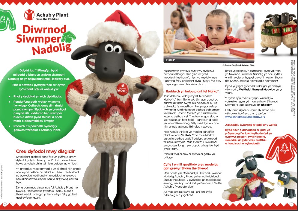 Gwych gweld Shaun the Sheep, ein Pennaeth Gwlân yn serennu yng nghychgrawn Cip <a href="/Urdd/">Urdd Gobaith Cymru</a> y mis hwn 

Cofiwch gofrestru ar gyfer #DiwrnodSiwmperNadolig cyn 1af Ragfyr i ennill y cyfle i gael gweithdy creu modelau i'ch ysgol.

Adnoddau Cymraeg ar gael hefyd - christmasjumperday.org