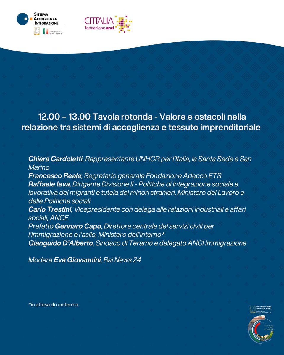 Giovedì 13 Novembre, nell'ambito della 42° Assemblea Annuale ANCI, terremo un evento dal titolo "Il SAI enzima di sviluppo territoriale: la centralità dei Comuni".

A questo link la notizia completa: cittalia.it/tutte-le-categ…

Qui la diretta streaming: youtube.com/watch?v=nTOUPM…