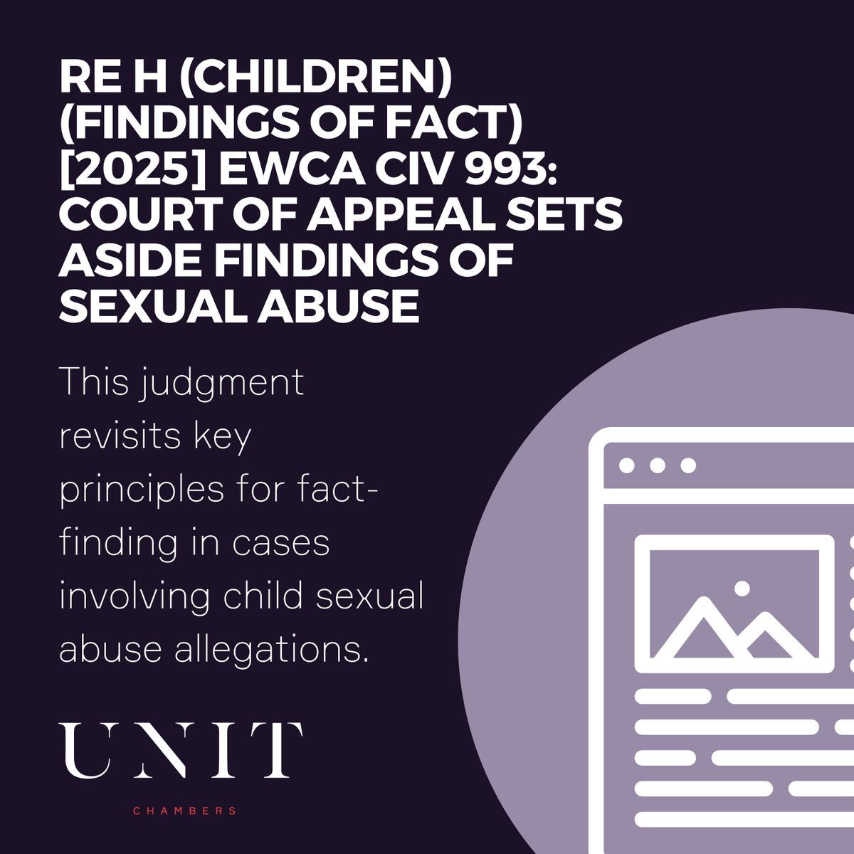 The Court of Appeal has set aside findings of sexual abuse, citing major flaws in the trial judge’s evidential analysis.

Cobb LJ emphasised the dangers of a “no smoke without fire” approach in fact-finding hearings.

Read the full article here: unit.law/insights/re-h-…