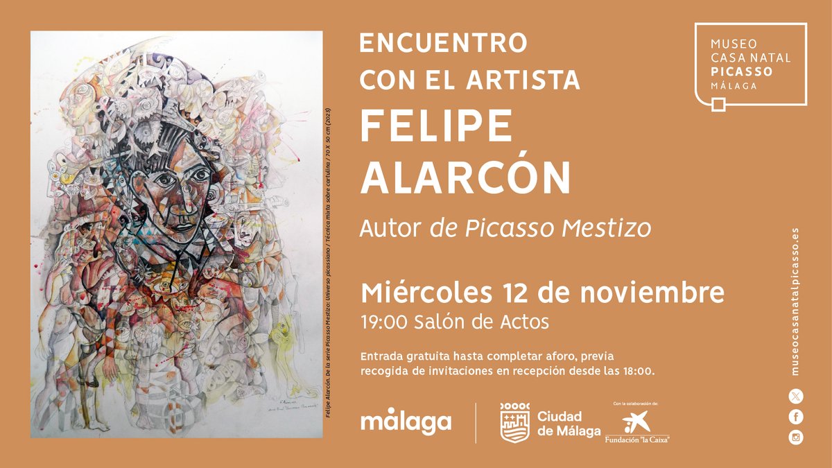 Te invitamos a un encuentro con el artista Felipe Alarcón para conocer su proyecto 'Picasso Mestizo', un trabajo que consta 📖 del libro 'A Picasso' y 🖼️ una selección de dibujos y pinturas.

🗓️ 12 de noviembre 🕡 18:30
🎟️ Entrada libre
ℹ️ goo.su/VLybb9
