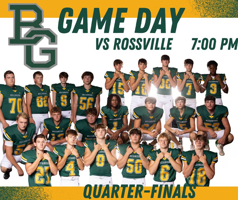 Let’s go Bucs! Today we take on the quarter-finals at: Rossville Academy
280 High St, Rossville, TN 38066 
Wear your green &amp; gold and bring the noise because our Bucs are ready to fight!
#BowlingGreenSchool #BucStrong #GeauxBucs #WalkWorthy #BGS