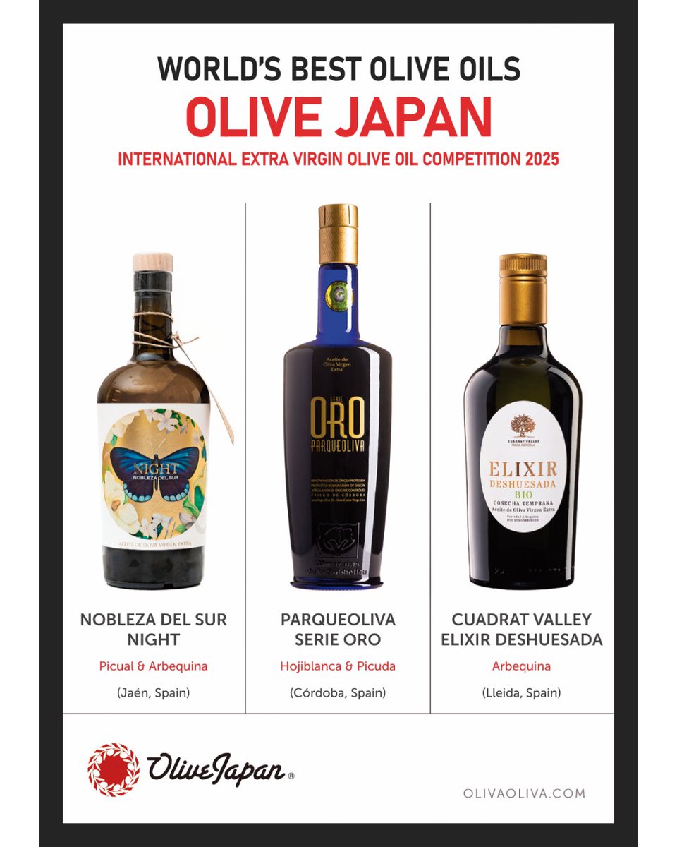 ⚪️🔴 MEJORES AOVES DEL MUNDO OLIVE JAPAN 2025 ⚪️🔴

¿Sabías que Olive Japan es de los concursos de #AOVE más grandes del planeta? Disfruta de los Mejores Aceites del Mundo, premiados en Olive Japan 2025, con la caja exclusiva de Oliva Oliva.

✔️ La quiero: olivaoliva.com/es/2107-aceite…