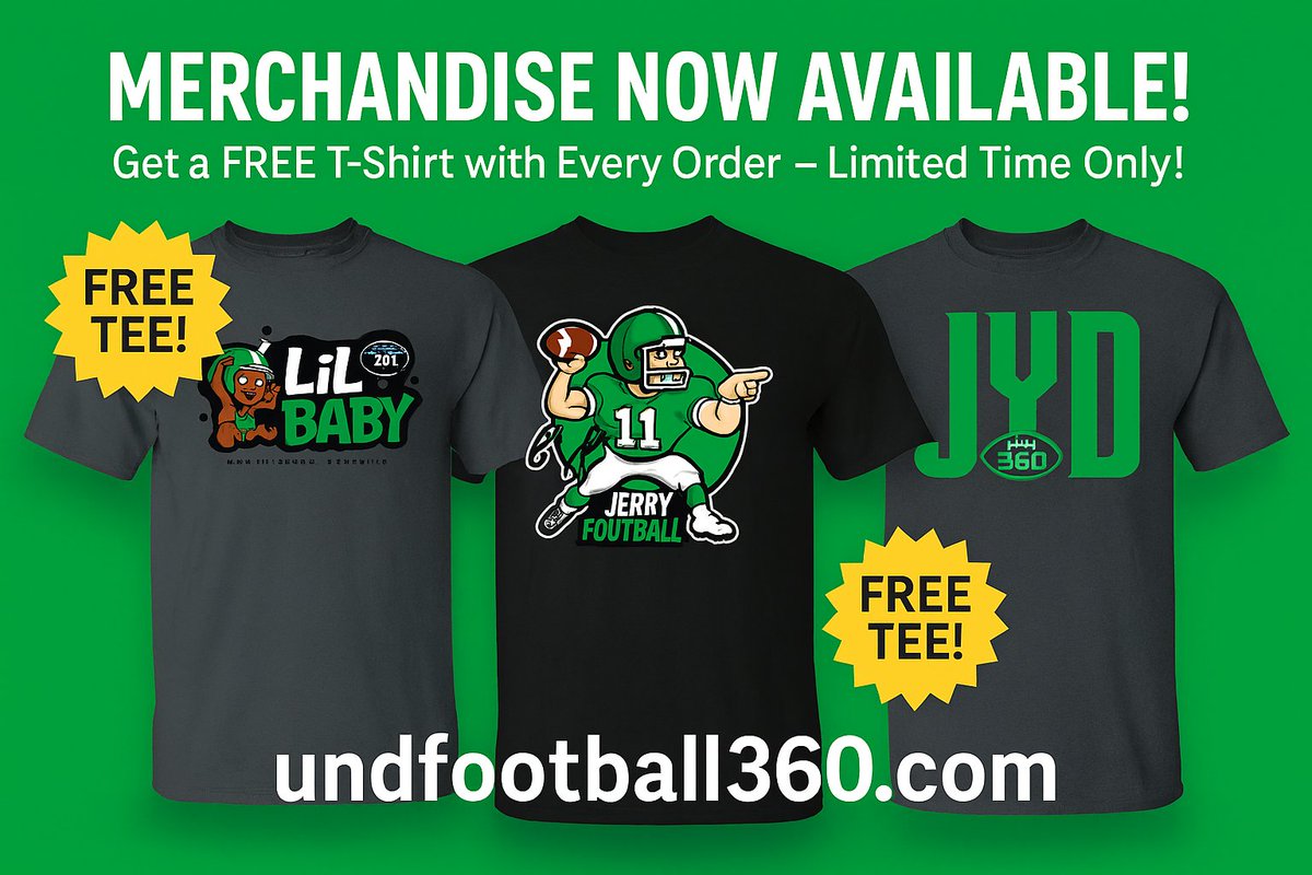 UNDFootball360's tweet photo. UND Football merch is LIVE! ๐
โ
Shop now at https://t.co/BdxL0ZoO4h
โ
Get a FREE T-shirt with every order (limited time!)
Support NLI athletes @11LLR33 & @jerrykaminski1 with exclusive designs.
๐ Act fast: https://t.co/BdxL0ZoO4h
#UNDFootball #UND360 #FreeTee #NLI #JYD #LGH