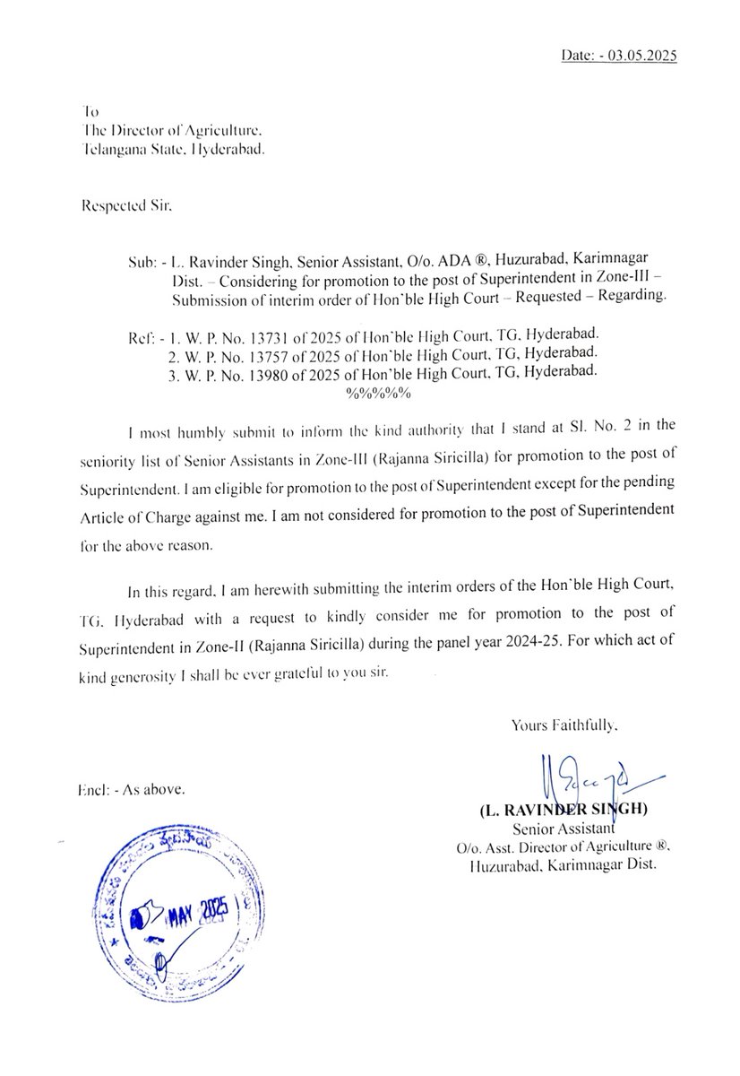 RaviL1243173's tweet image. @TelanganaCMO Ravinder Singh, S. A. at ADA, Huzurabad. Agril. Dept. ST. HC directed the dept. to consider me for promotion as Supdt. on 01.05.25, ignoring pending charges. Dept. kept me aside dishonoring HC orders. Harassing me. Kindly intervene. #Grievance #JusticeRequest