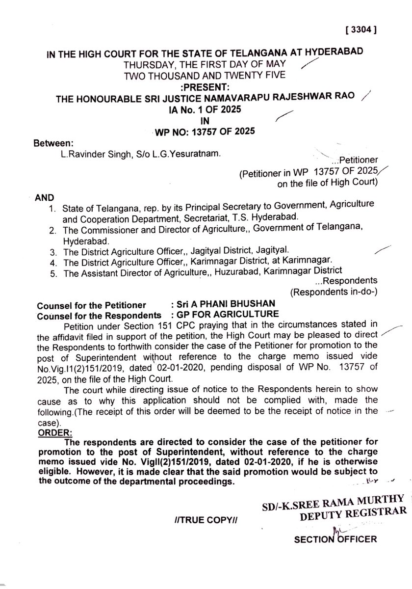 RaviL1243173's tweet image. @TelanganaCMO Ravinder Singh, S. A. at ADA, Huzurabad. Agril. Dept. ST. HC directed the dept. to consider me for promotion as Supdt. on 01.05.25, ignoring pending charges. Dept. kept me aside dishonoring HC orders. Harassing me. Kindly intervene. #Grievance #JusticeRequest