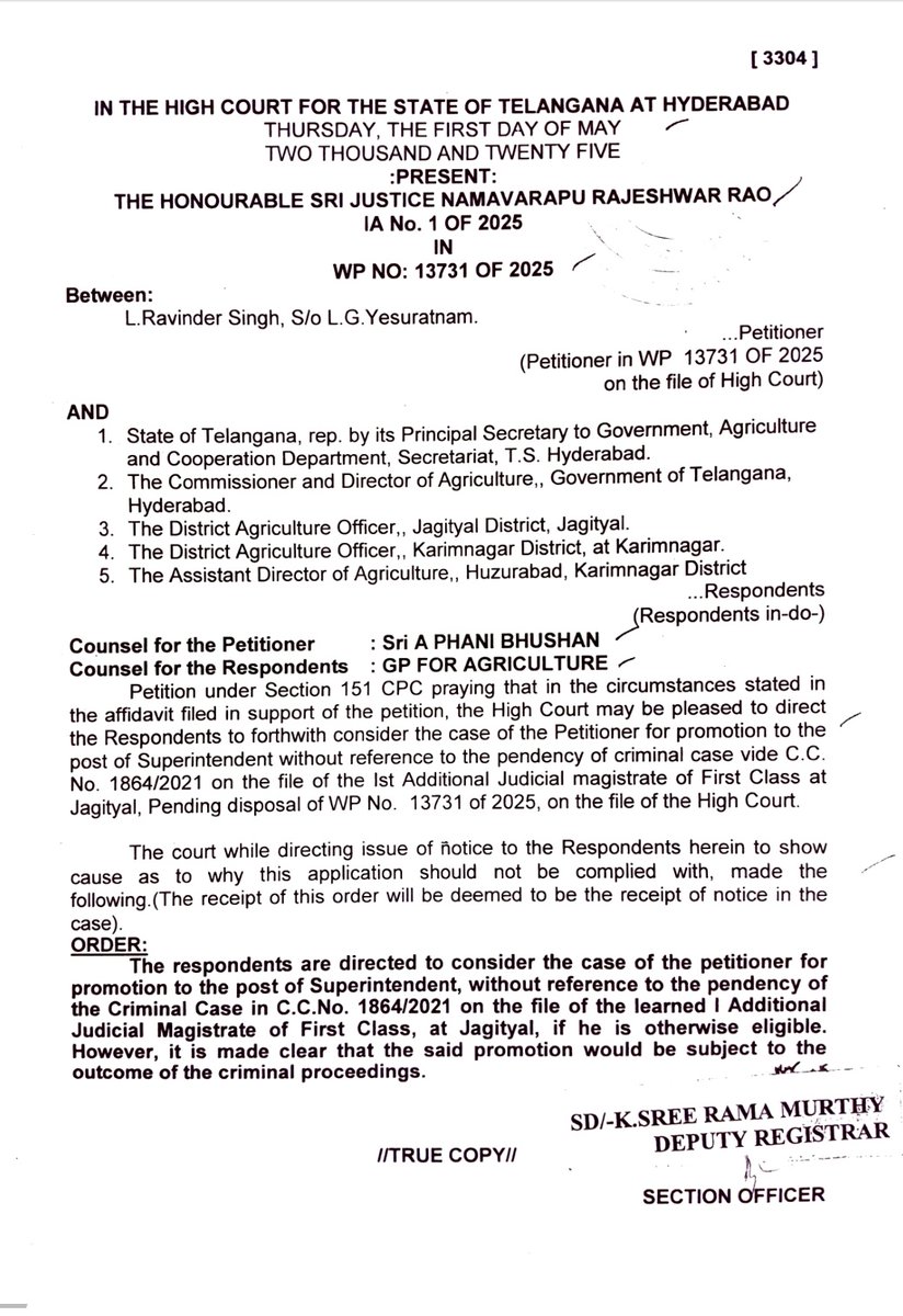 RaviL1243173's tweet image. @TelanganaCMO Ravinder Singh, S. A. at ADA, Huzurabad. Agril. Dept. ST. HC directed the dept. to consider me for promotion as Supdt. on 01.05.25, ignoring pending charges. Dept. kept me aside dishonoring HC orders. Harassing me. Kindly intervene. #Grievance #JusticeRequest