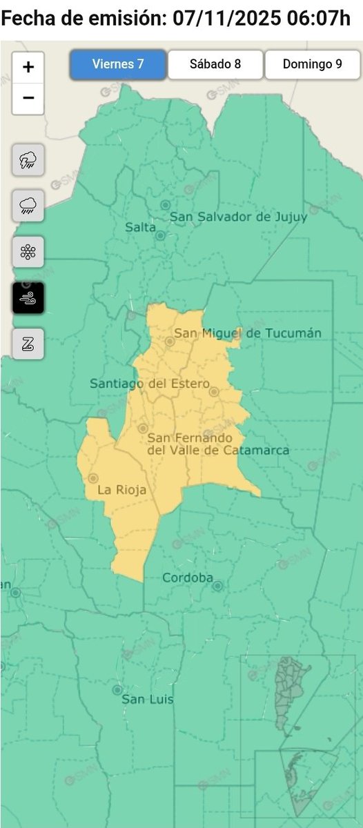 7 NOV ⚠️ #Alertas para hoy:

⛈️ #Tormenta
⚠️ Lluvias intensas
🟧 40-80 mm con ráfagas ≥ 90 km/h
🟨 15-40 mm
🌬 Ráfagas
🧊 Granizo

🌬️ #Viento
🟨 30-55 km/h con ráfagas ≥ 70 km/h

📲 Más info y recomendaciones: smn.gob.ar/alertas