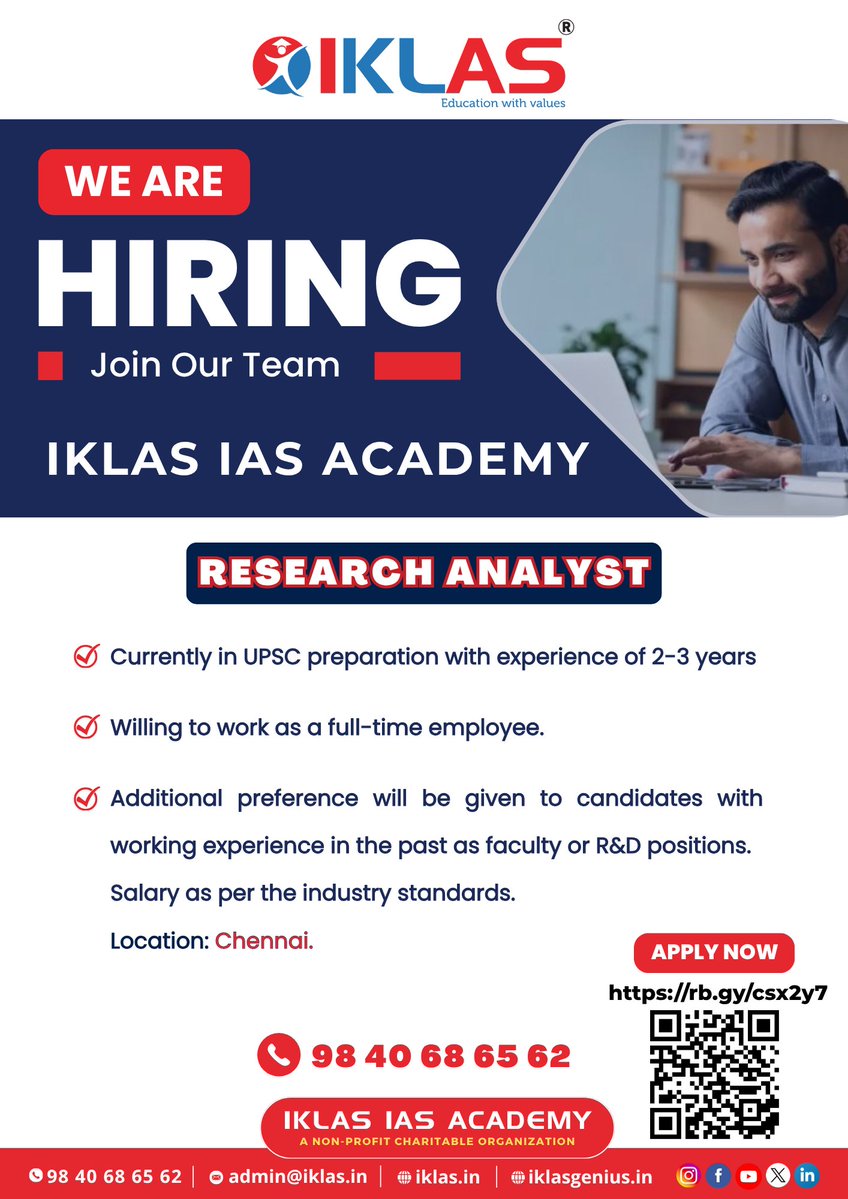 iklasiasacademy's tweet image. IKLAS IAS Academy is Hiring!

Are you preparing for UPSC with 2-3 years of experience?  

Apply now for the Research Analyst role!  
📞 98 40 68 65 62  
🔗 rb.gy/csx2y7

#Hiring #ResearchAnalyst #UPSC #Chennai #JoinOurTeam