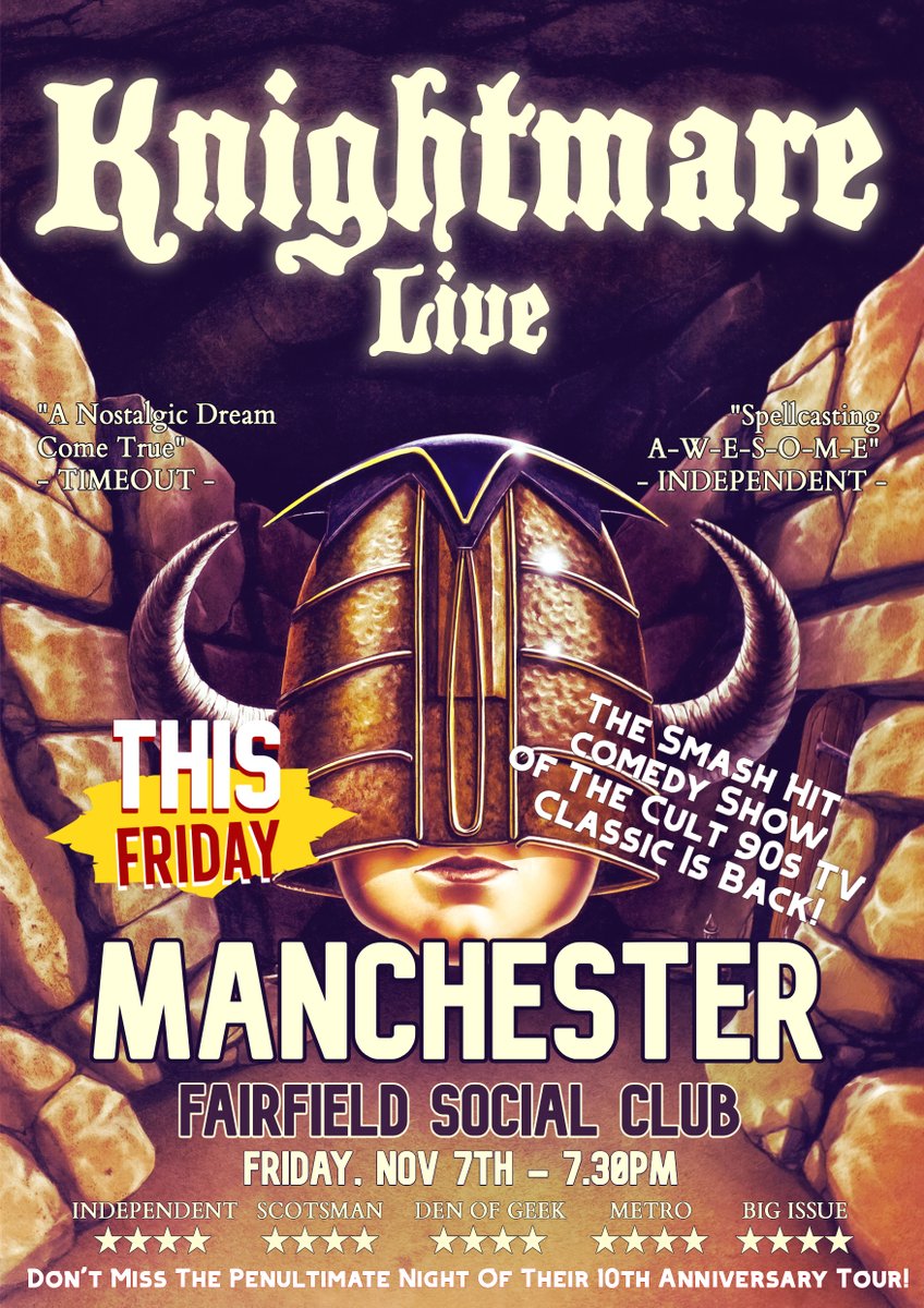 Tonight! Knightmare Live heads to Manchester for the penultimate leg of our 10th Anniversary Tour. Come join us for some dungeon fun <a href="/FSCMCR/">Fairfield Social Club</a> Fairfield Social Club, 7.30pm! #Knightmare #KnightmareLive
